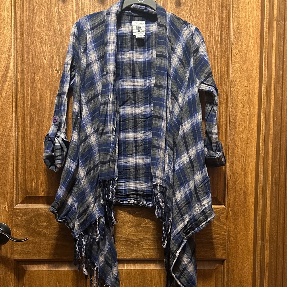 Billabong Navy and Gray Checkered Fringe Cardigan